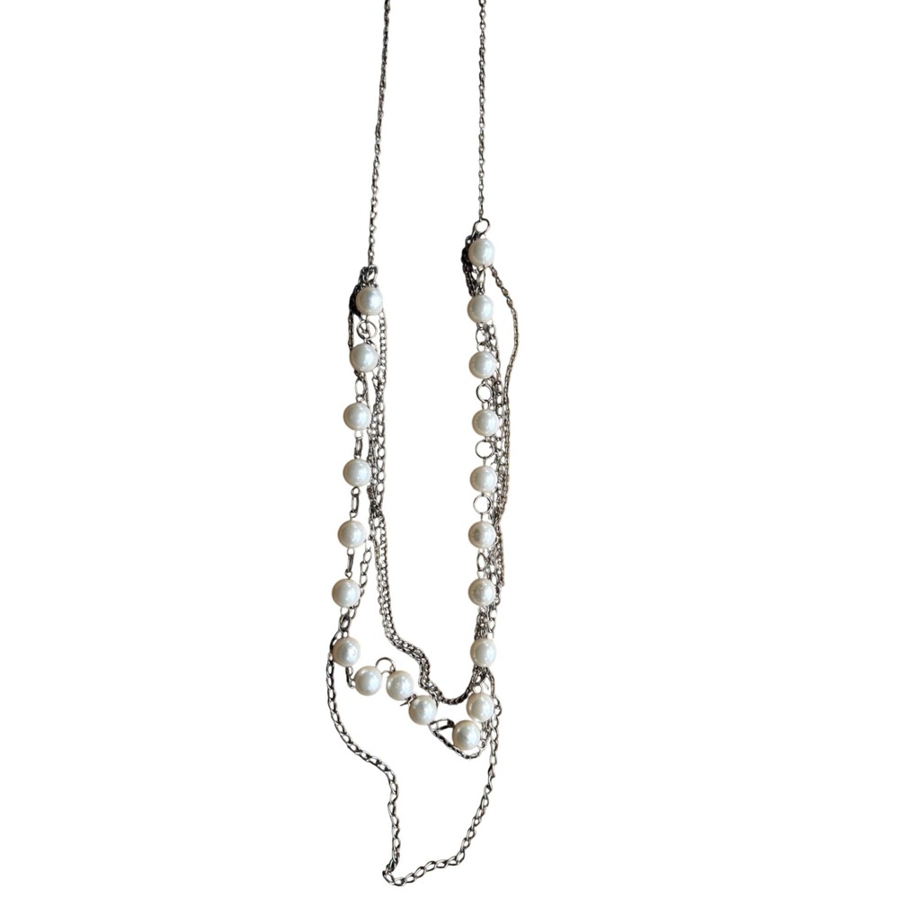 Silver Tone Multi Strand Layered Faux Pearl Tiered Necklace Lyering